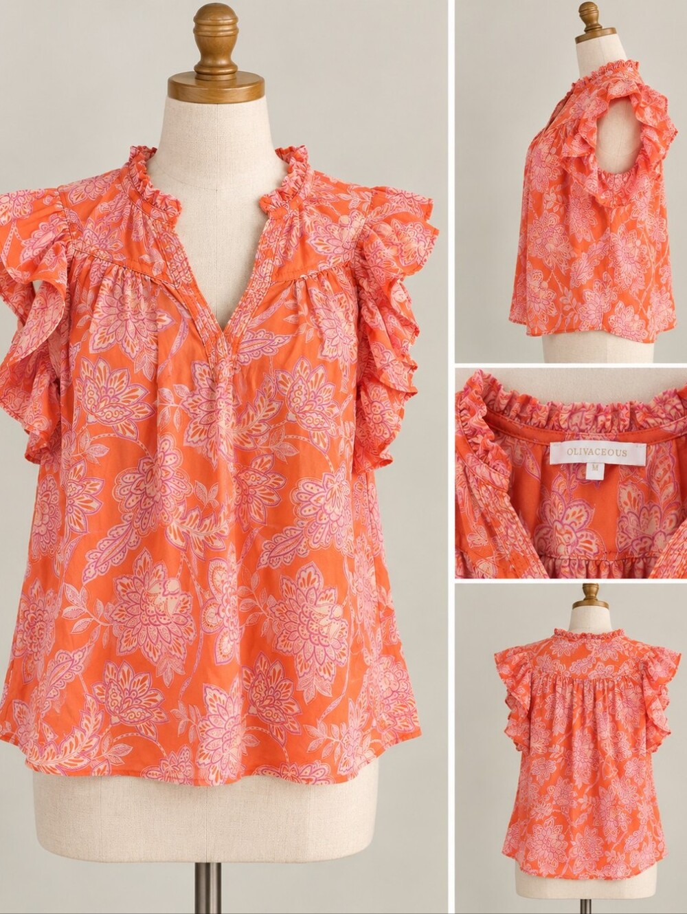 Olivaceous M Coral Pink Floral Ruffle Sleeve Blouse Anthropologie Boho